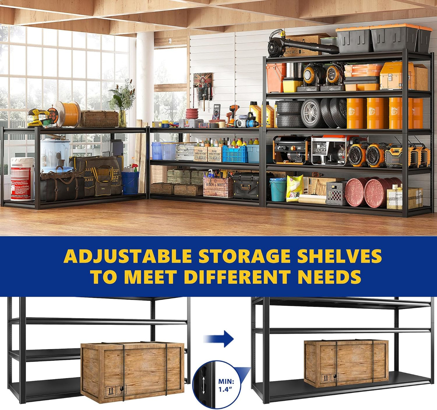 REIBII Garage Shelving 48.2" W Storage Shelves 3000LBS Metal Shelving Heavy Duty Adjustable Metal Shelf Industrial Pantry Shelves for Basement Garage Warehouse 72.2" H x 24.2" D x 48.2" W, 4 Pack