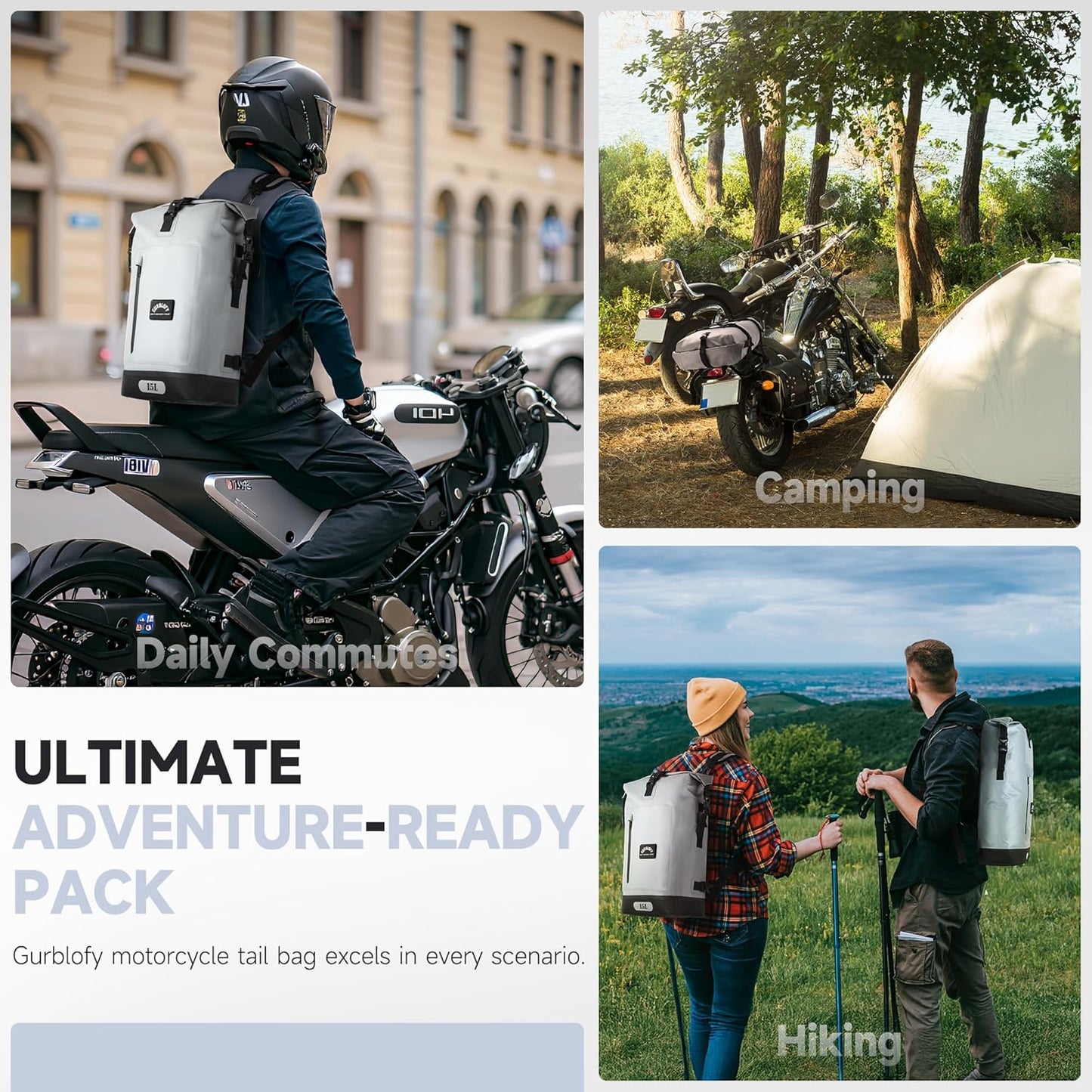 Motorcycle Tail Bag, 15L Waterproof Motorcycle Saddle Bag, 2 Size and 3 Color Options Luggage Bag, PVC Travel Bag, Rear Seat Bag, Stone Grey GT-15GRY