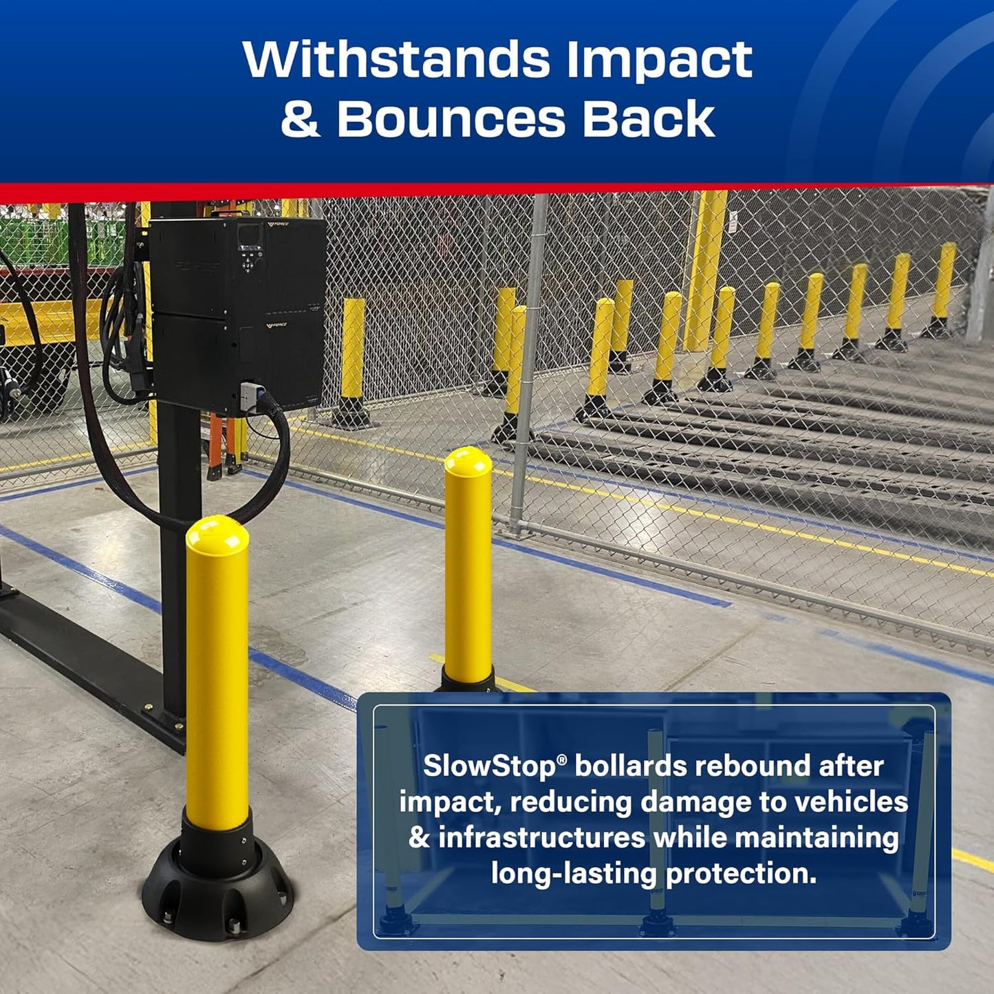 Impact Recovery - SlowStop Steel Rebounding Bollard - Metal Post - Safety Bollard - Made in the USA - 5" x 42"
