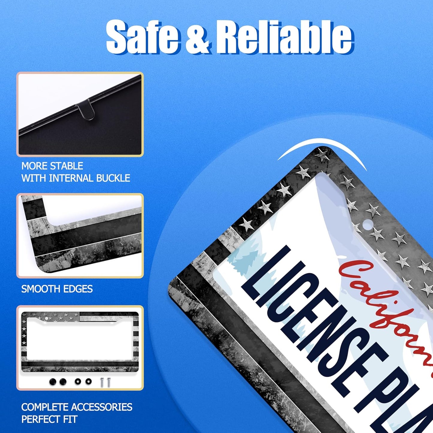 Grey Black American Flag License Plate Frame Vintage USA Flag License Plate Stainless Steel Funny License Plate Holder Patriotic Car Accessory Car Decoration 12.3" x 6.3"for Men Women