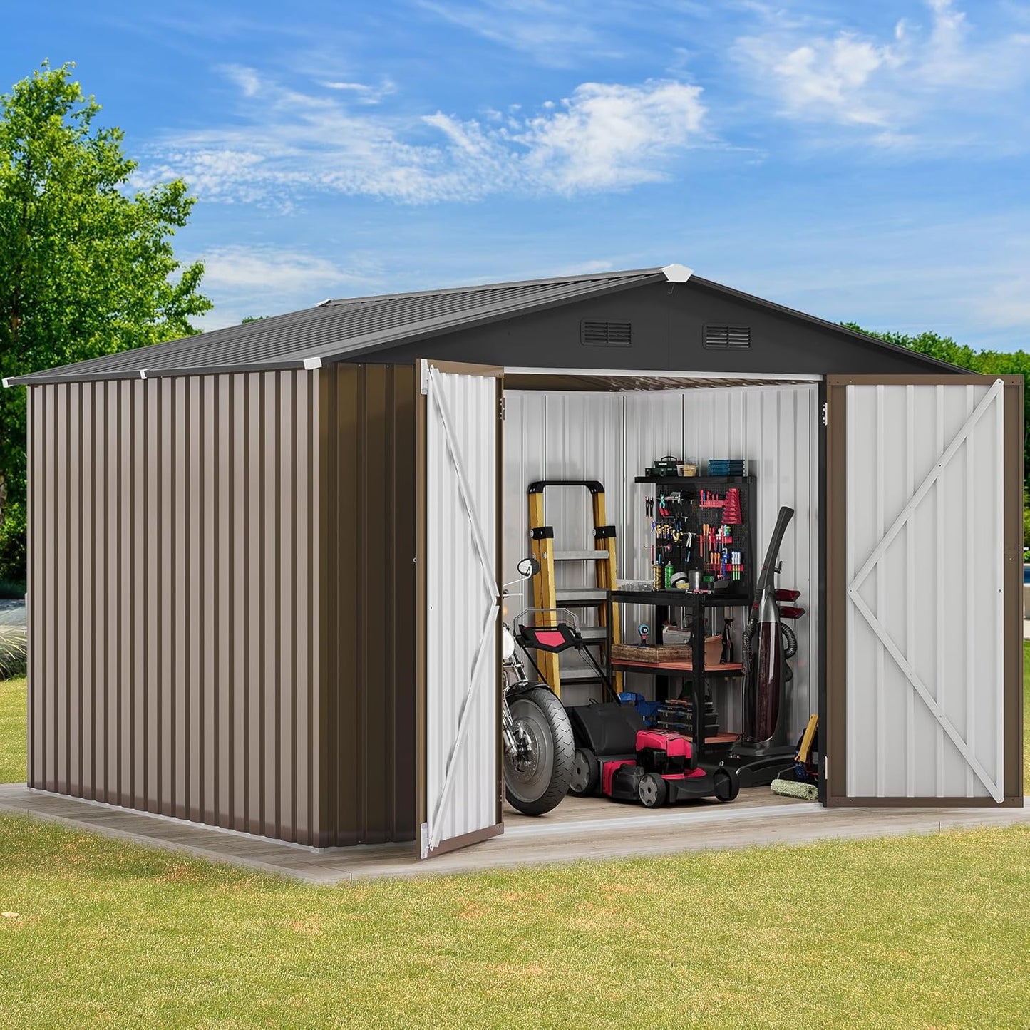 DWVO 10x8FT Outdoor Storage Shed, Spacious Metal Tool Shed with Lockable Doors & Ventilation for Patio, Lawn, and Backyard, Ideal for Storing Garden Equipment, Lawnmowers, and Bicycles, Brown