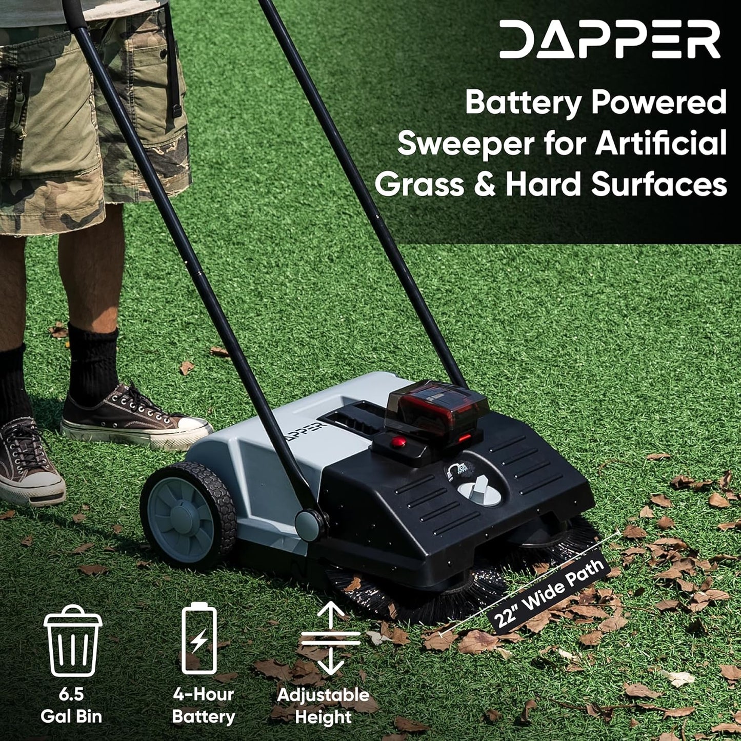 Battery Powered Artificial Grass & Hard Surface Sweeper, 22" Wide Cleaning Path, 6.5-Gal Bin, Adjustable Height, 4h Battery, Foldable, for Artificial Grass, Sidewalks, Driveways, Workshops, Garages