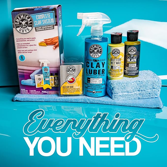 Chemical Guys Complete Clay System - Clay Bar and Lubber Combo with Accessories for Smooth Paint Finish - Removes embedded dirt, Overspray, and Fallout - 6 Item Kit