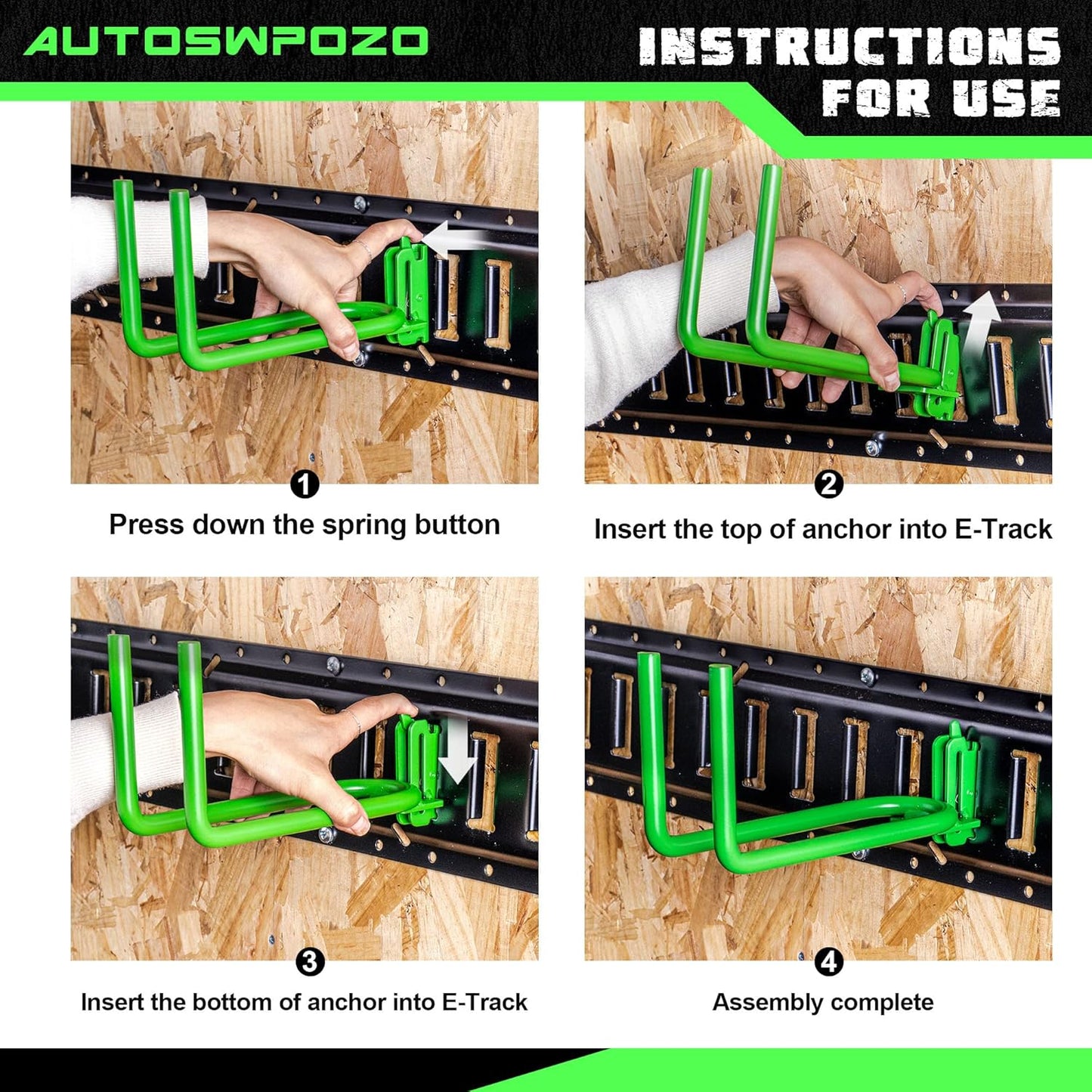 4-Pack E-Track Heavy Duty Shovel/Tool Hanger, E Track Hooks for Tools, Rakes, Spades in Trailers, Trucks, Workshop and Warehouse with E-Tracks, E Track Accessories Tool Holder (Green)