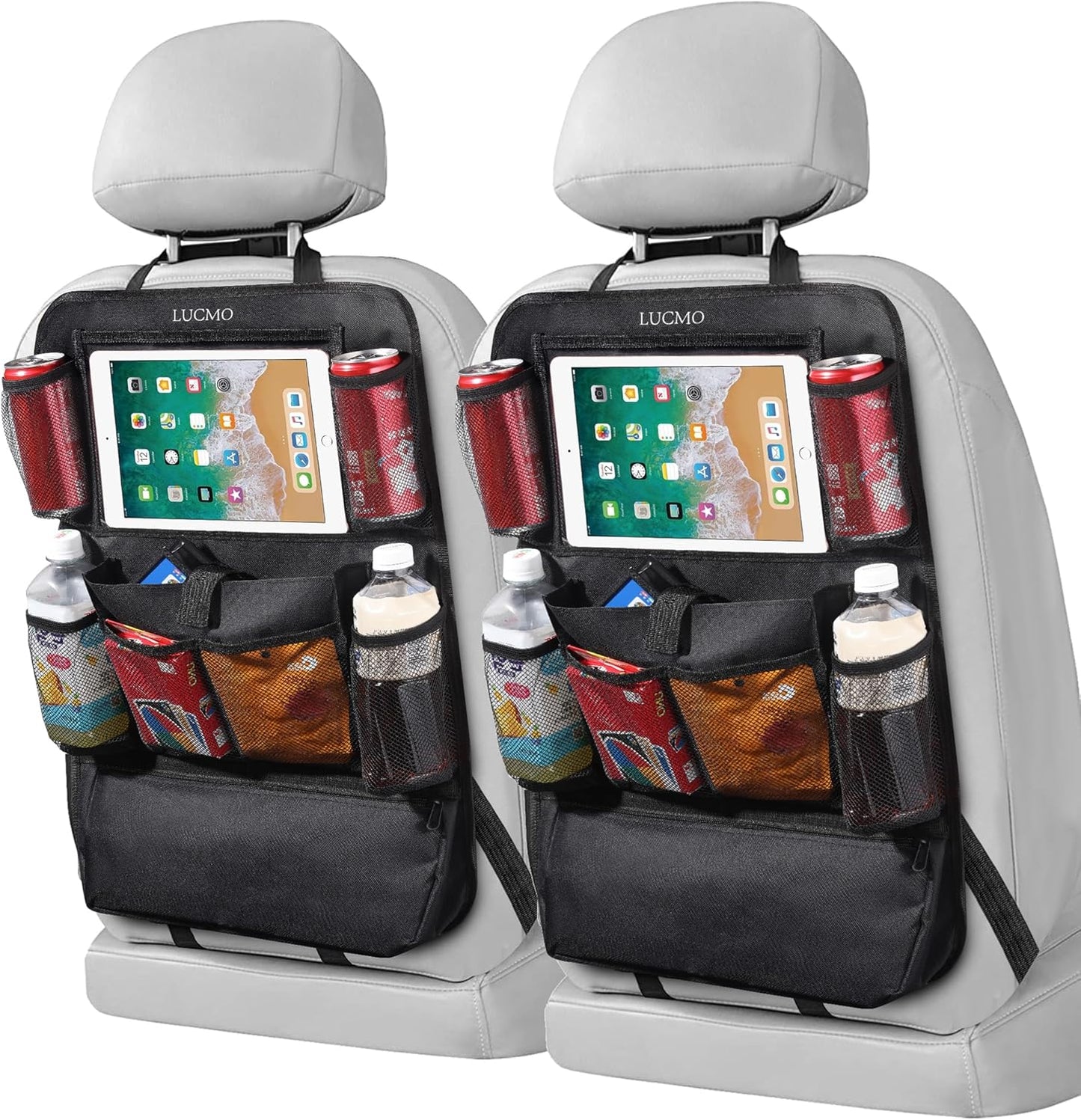 LUCMO Car Backseat Organizer with Touch Screen Tablet Holder-2 Pcs,9 Storage Pockets Car Storage Organizer, Protectors Kick Mats Travel Accessories for Kids-Black