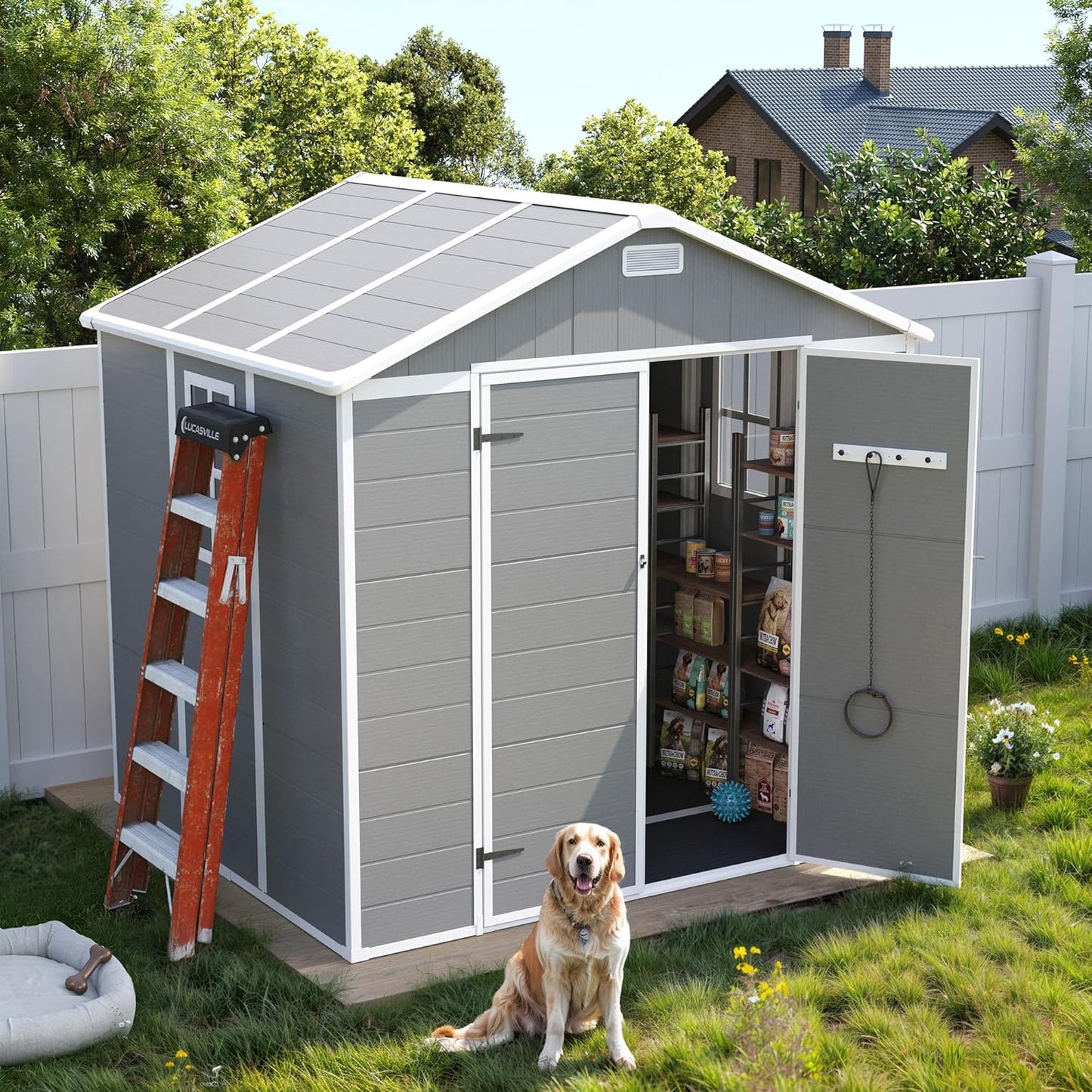 UDPATIO Resin Storage Shed 8 x 6 FT, Outdoor Garden Sheds with Floor Plastic Patio Outdoor Storage Shed with Lockable Door, Gray White