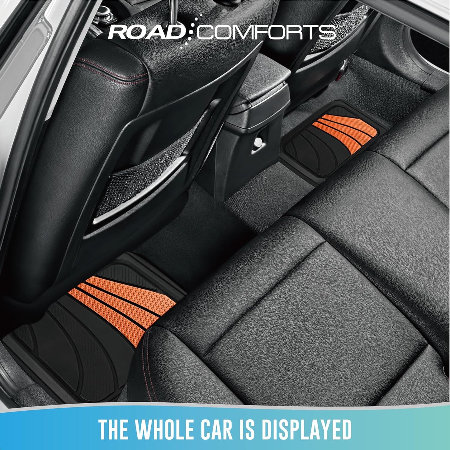 Road Comforts Car Floor Mats Full Set – Front & Rear Car Floor Mats with Aluminum Design, Anti-Slip Backing, All-Weather Protection, Trim-to-Fit Car Mats for Most Sedans, SUVs & Vans - Orange