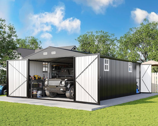 AMERLIFE 13.2x21x8.4 FT Outdoor Metal Garage Shed, Extra Large Storage Shed with Double Hinged Doors, 4 Windows, Carport for Car, Truck, Bicycle and Lawn Equipment, Dark Grey