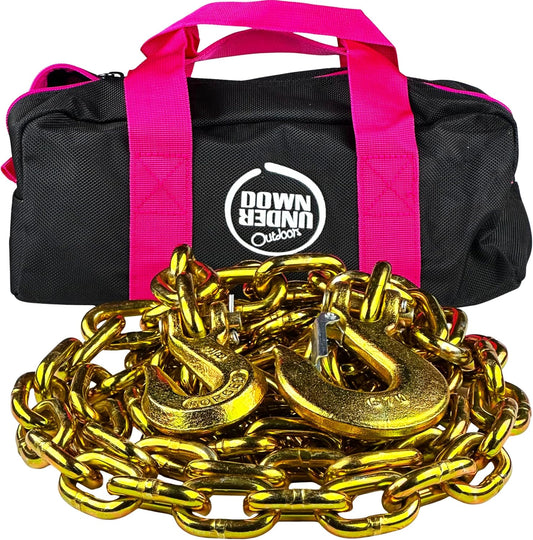 DOWN UNDER OUTDOORS Heavy Duty 3/8”x 10ft Grade 70 Recovery Log Chain, Deer Drag, with Grab and Slip Hooks WLL 6,600 Lbs, Includes Storage Bag for Gear