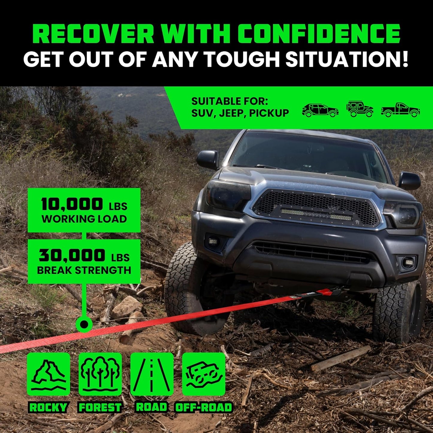 Rhino USA Recovery Tow Strap (3"x20') - 31,518lb Break Strength- Emergency Recovery Strap Tow Rope for Truck, UTV, ATV & More - Heavy Duty Towing Strap for Offroad 4x4 Use - Compatible with Jeep (Red)