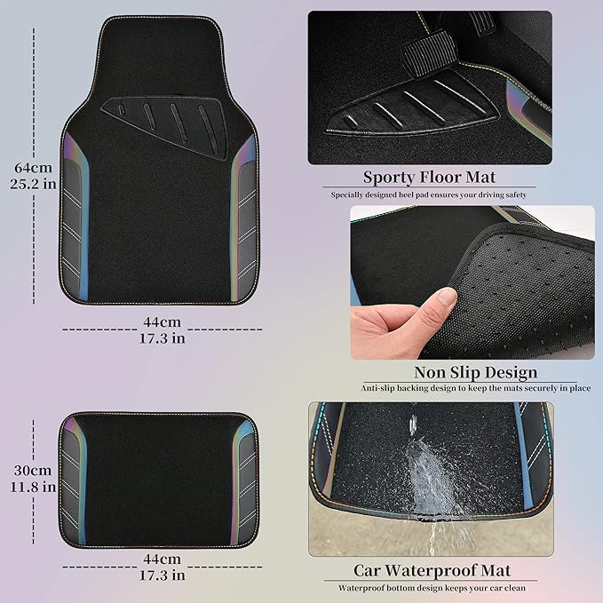 CAR PASS Leather Steering Wheel Cover and Waterproof Car Floor Mats,Microfiber Universal Car Combo Fit for 95% Sedan,SUV,Cars,14.5-15inch Sporty Anti-Slip Safety Comfortable Design(Black＆Reflective)