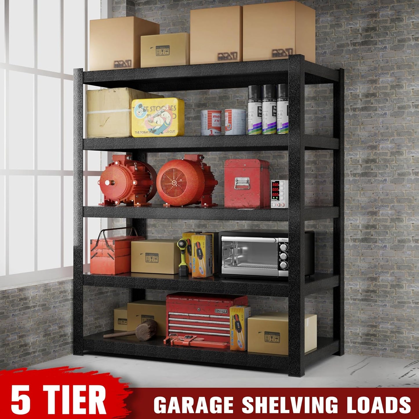 72" Hx47.3 Wx23.6 D 5 Tier Garage Shelving Heavy Duty Garage Storage Shelves 3000 lbs Heavy Duty Shelving Adjustable Matte Black Metal Shelving Industrial Rack (72" Hx47.3 Wx23.6 D)