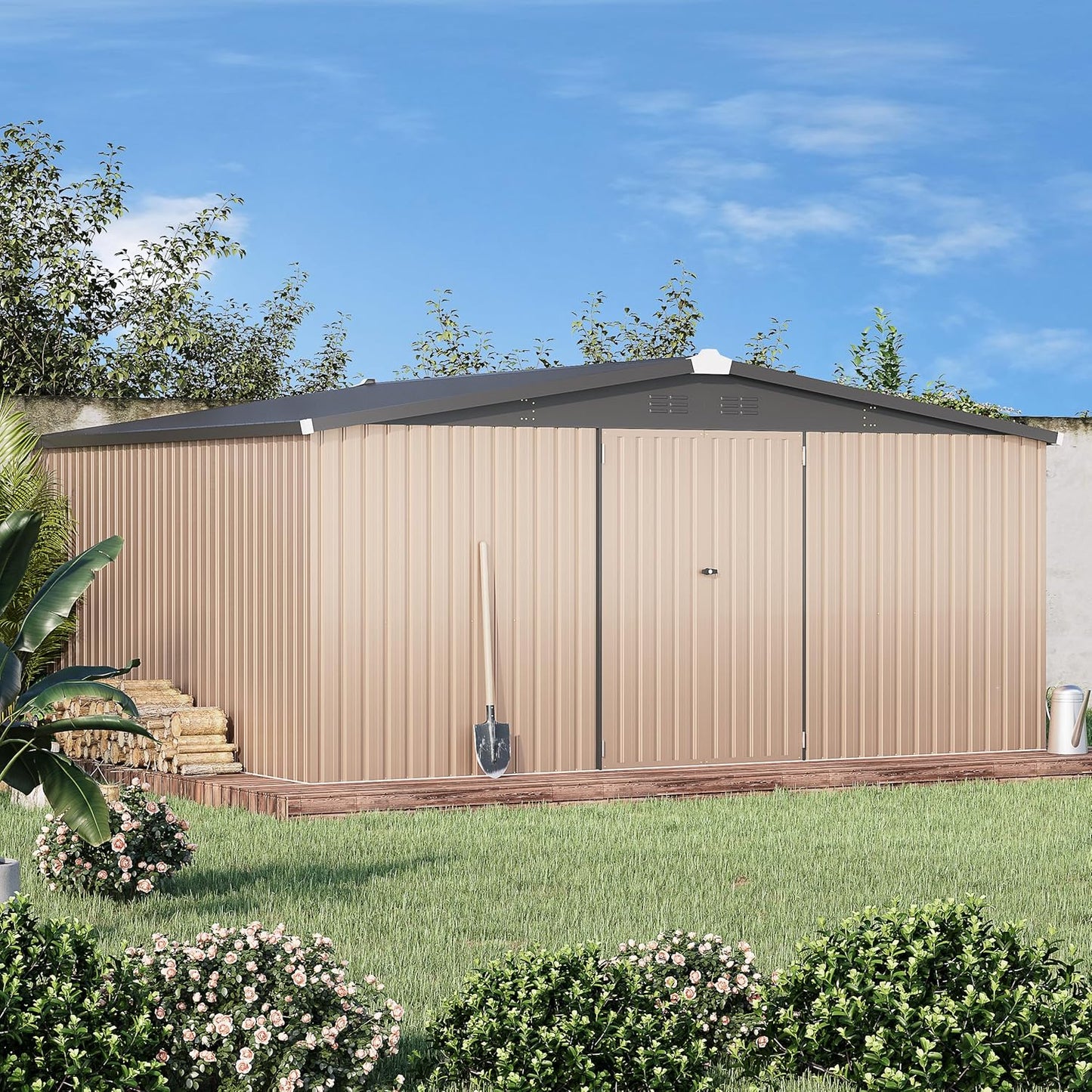 AECOJOY 14' x 12' Shed Outdoor Metal Storage, Large Storage Sheds & Outdoor Storage Clearance 14' x 12', Large Steel Yard Shed, Tool Storage for Garden, Backyard, Patio, Outside use in Grey
