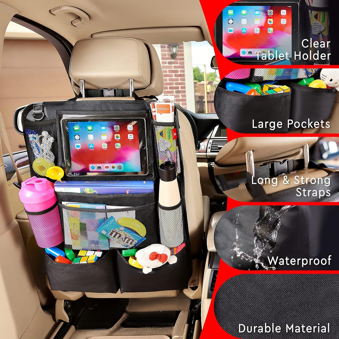 Helteko Backseat Car Organizer, Kick Mats Back Seat Protector with Touch Screen Tablet Holder, Back Seat Organizer for Kids with 9 Storage Pockets, Travel Accessories (2 Pack, Deep Pink)