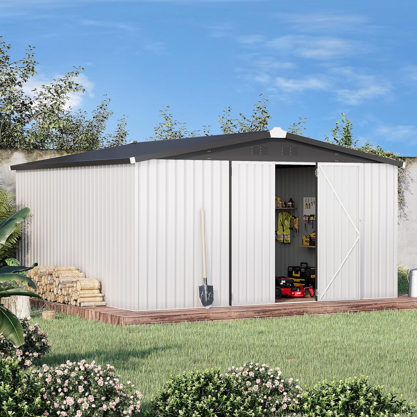 U-MAX 10' x 10' Shed Outdoor Storage Shed Clearance, Large Metal Garden Shed Yard Steel Shed with Design of Lockable Doors, Tool and Utility Storage for Backyard, Garden, Patio, Outside use White