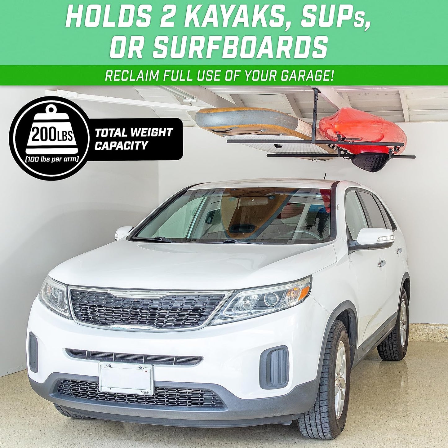 GoSports Kayak Rack for Garage Ceiling Mount - Adjustable Storage Hangers for 2 Kayaks, SUPs, or Surfboards