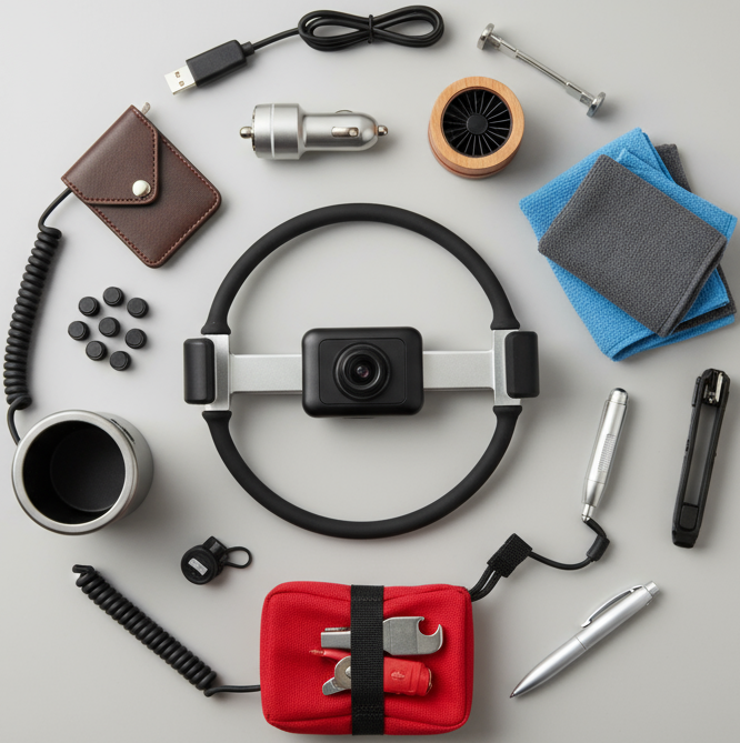 circle photo of car accessories, make a real photo